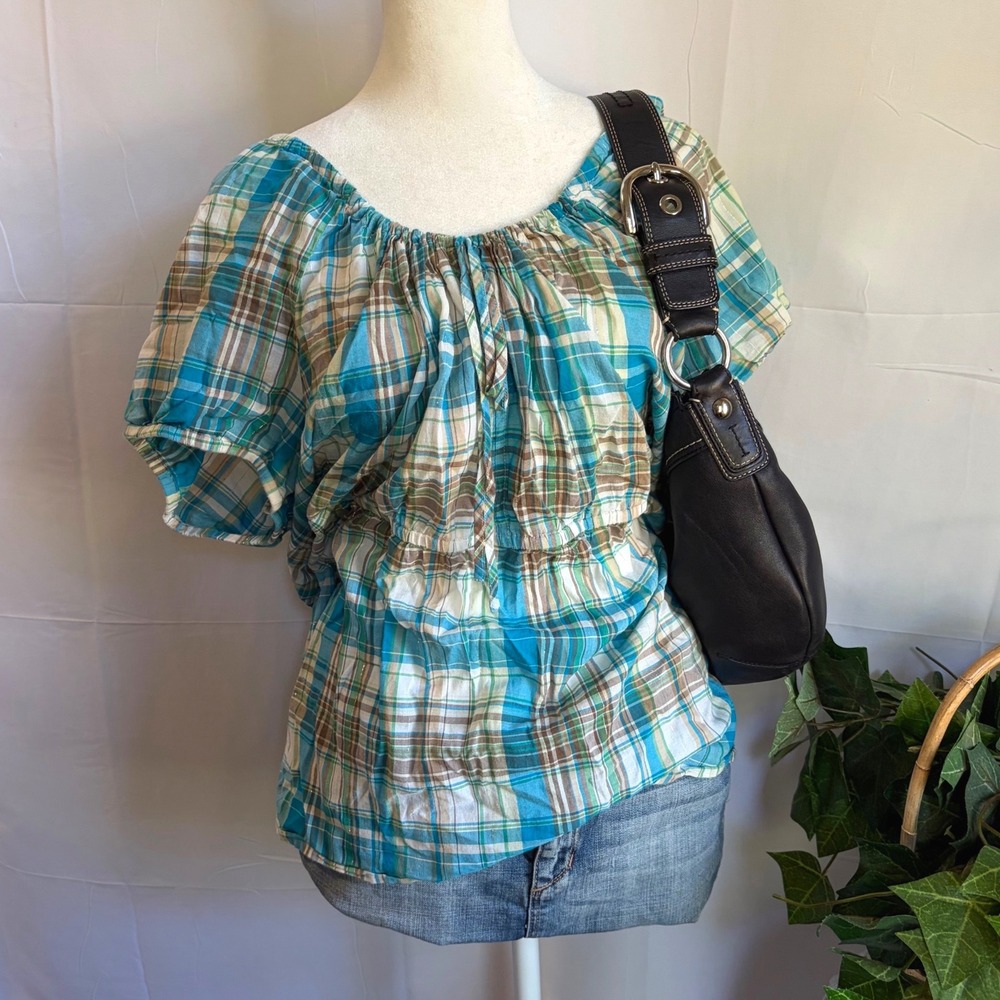 Y2K Babydoll Garden Fairy Plaid Metallic Empire Waist Blouse Plus Size